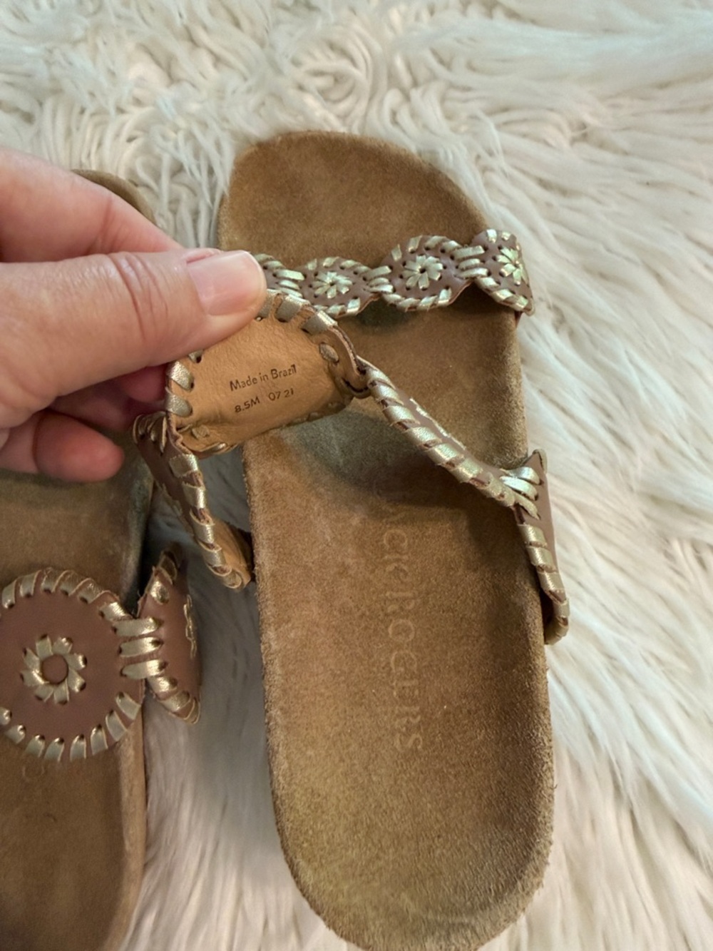 Jack Rogers Tan/Brown Leather Circle-Embellished Slide Sandals size 8.5 - Picture 7 of 8